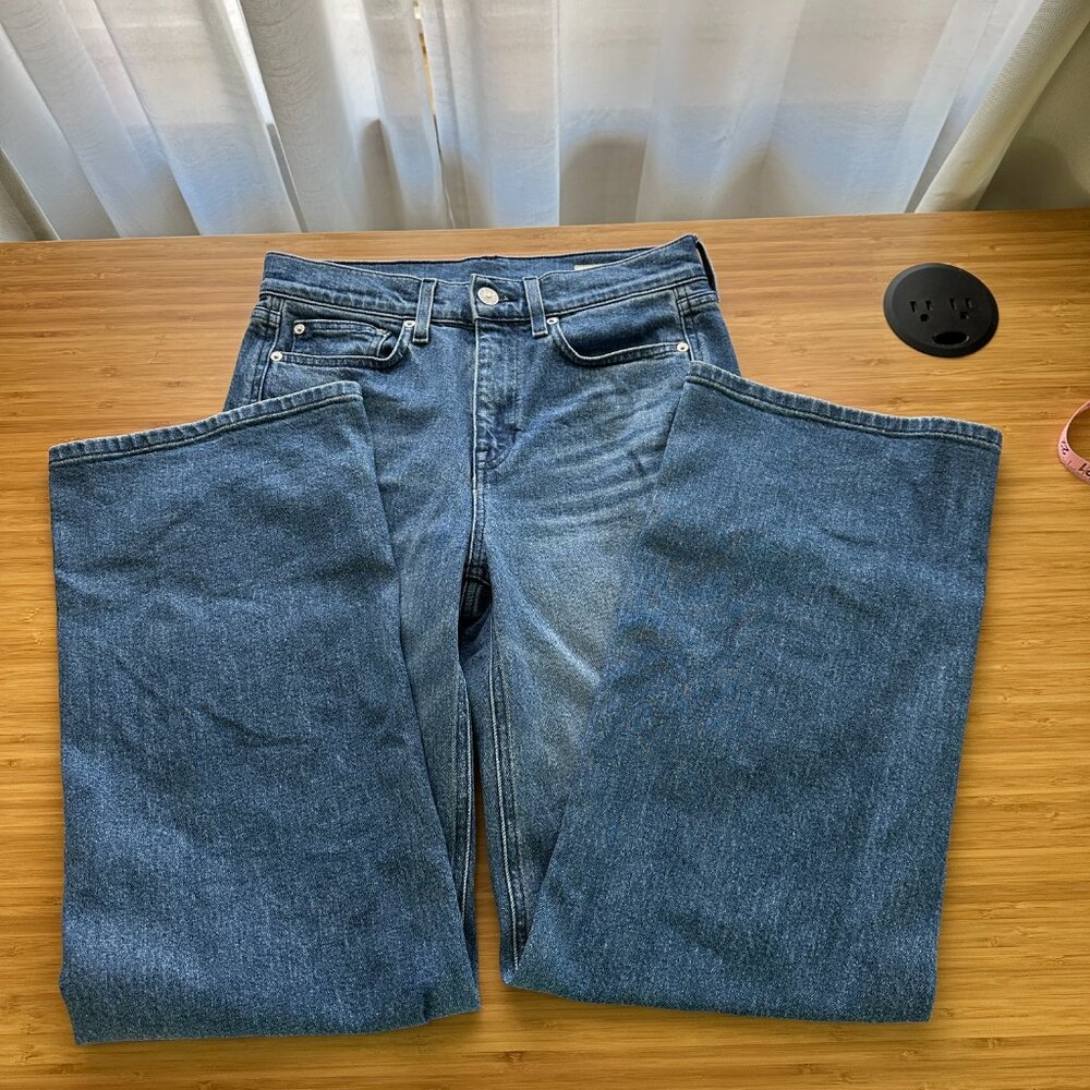 AYR Wide Leg Flare Jeans in Blue Denim